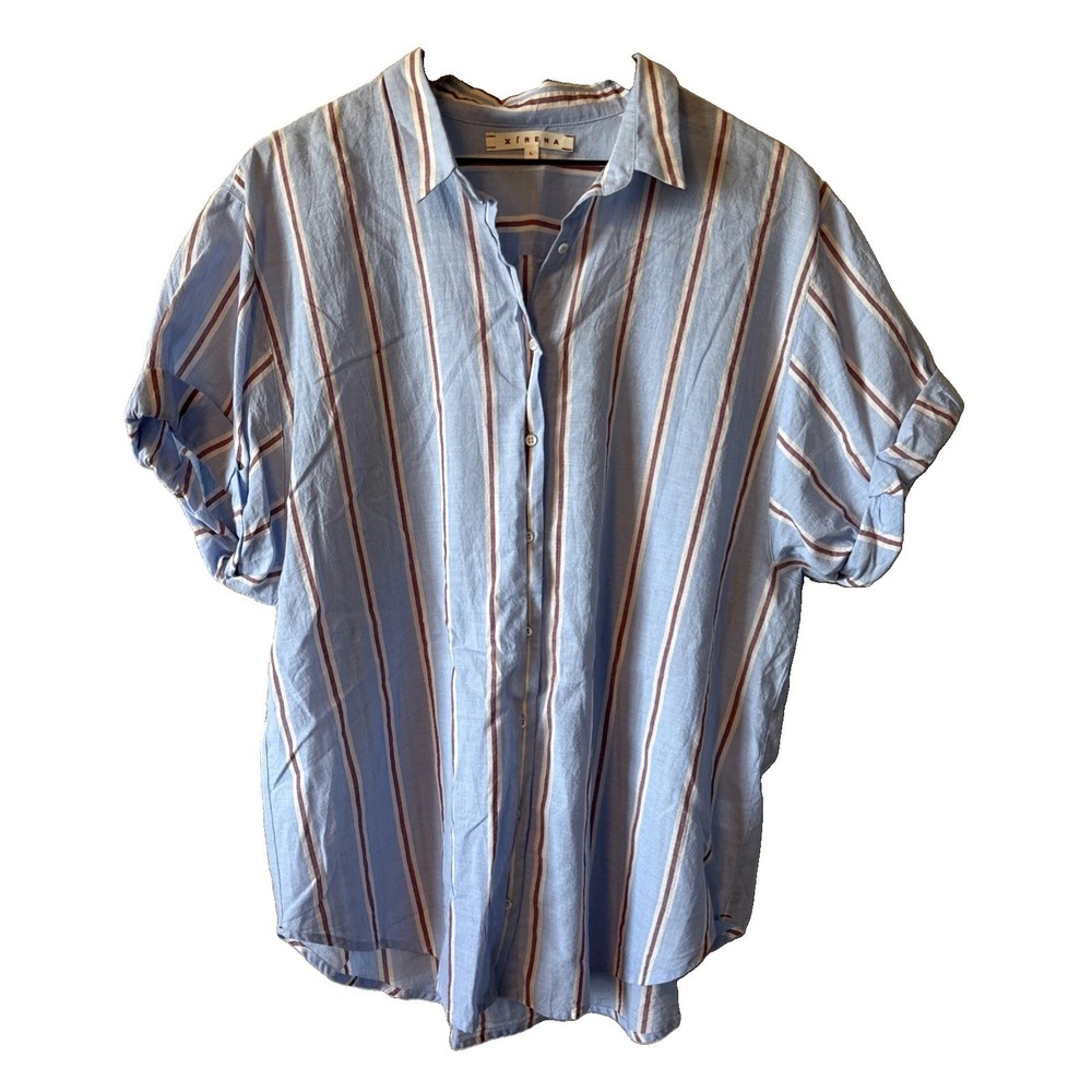 Xirena Blue Striped Button Down Top Short Sleeve Cotton Shirt Large RN123722